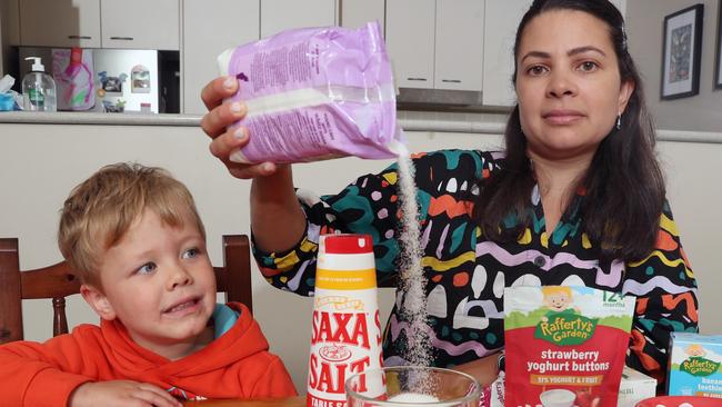 Cancer Council Vic new report on hidden sugars, salt etc in baby and toddler food sold in supermarkets. Finds only 5% of kids snacks met 7 WHO nutrition recommendations. Mum Natasha Cosstick with her son Miles (2). Monday, March 27, 2023. Picture: David Crosling