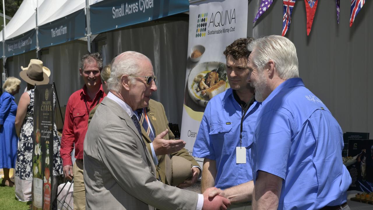 King Charles meets Ross Anderson, CEO of Aquna Sustainable Murray Cod, at Parramatta Park in Sydney on Tuesday. Picture: NSW Department of Premier and Cabinet