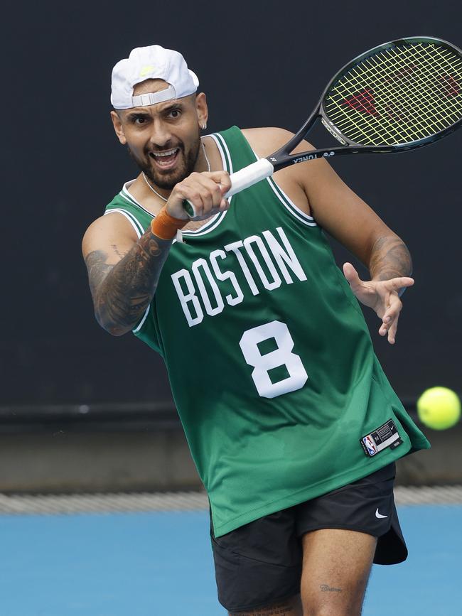 Kyrgios during a practice session on Friday. Picture: Michael Klein