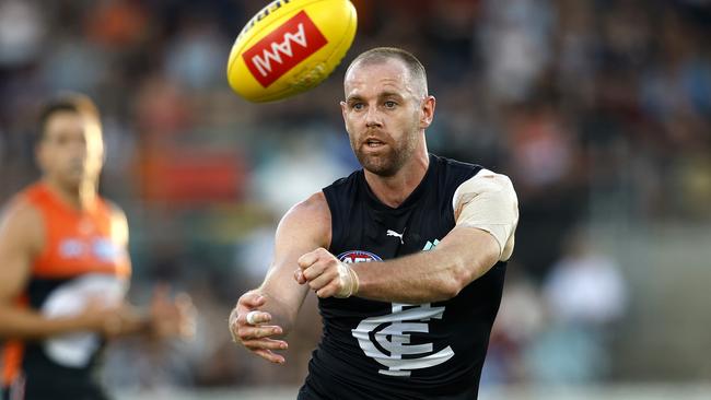 Carlton's Sam Docherty during the AFL Community Series pre-season match between the GWS Giants and Carlton Blues at Manuka Oval, Canberra on February 28, 2025.  Photo by Phil Hillyard (Image Supplied for Editorial Use only - **NO ON SALES** - Â©Phil Hillyard )