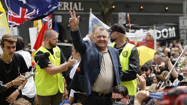 Successor Craig Kelly was welcomed by protesters in Melbourne. Picture: Alex Coppel