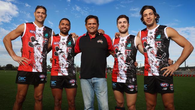 St Kilda great and jumper designer Nicky Winmar with Paddy Ryder, Brad Hill, Jade Gresham and Ben Long. Picture: Michael Klein