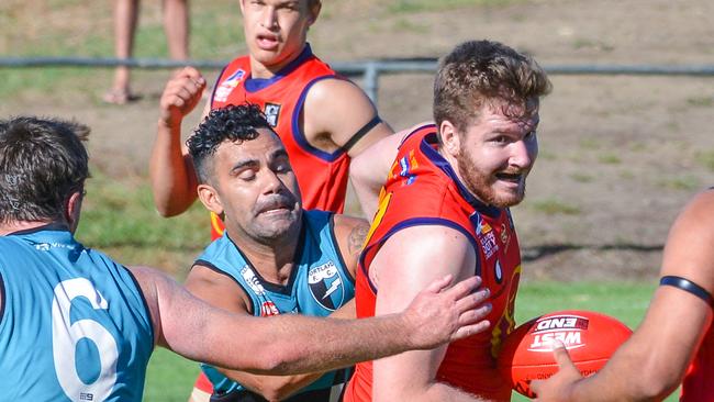 Ex-Port Adelaide and North Melbourne player Lindsay Thomas in action for Portland against Flinders Park’s Jay Hansen during a match in 2019. Picture: AAP /Brenton Edwards