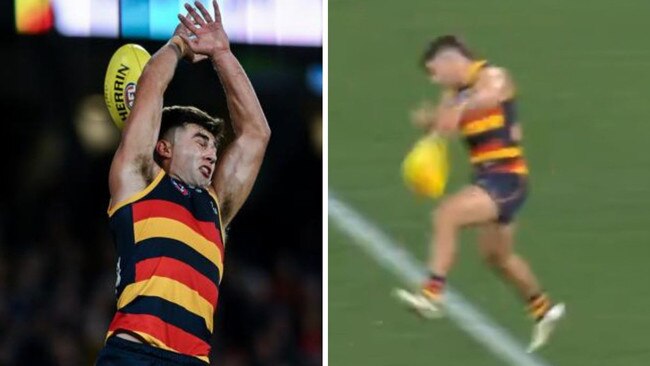 Josh Rachele braces for contact that wasn't there. Photo: Fox Footy.