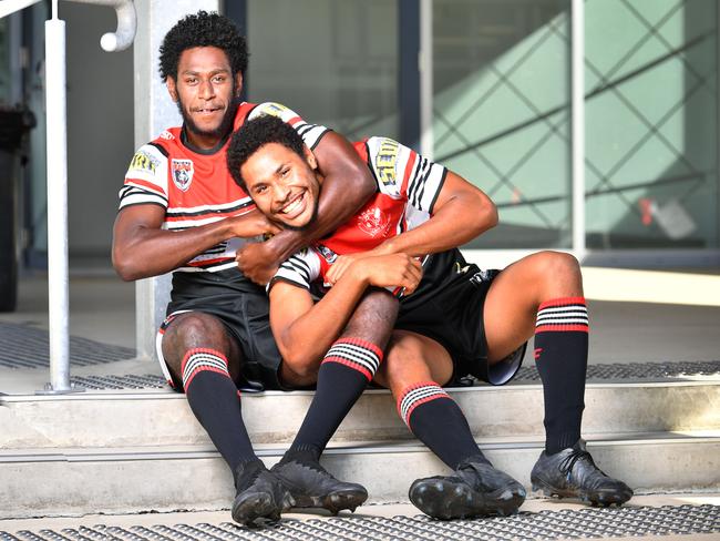 Kirwan State High School Bears teammates and house mates Dudley Dotoi and Ragarive Wavik. Picture: Alix Sweeney