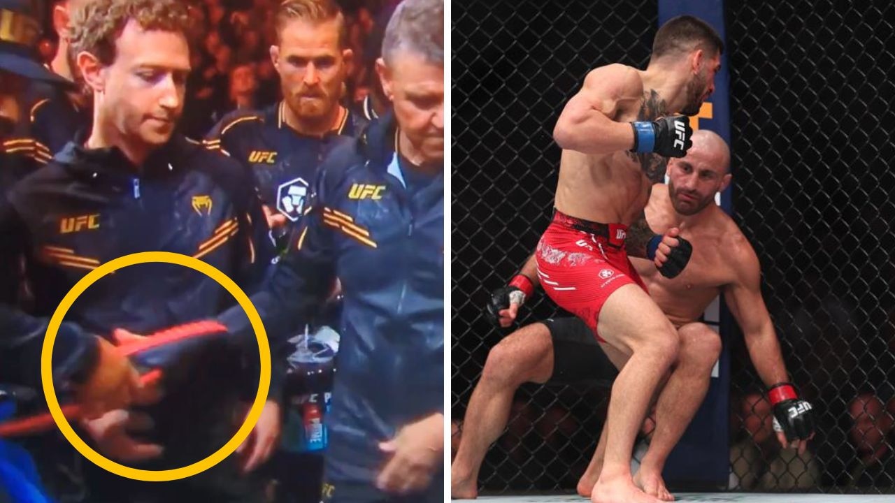 Mark Zuckerberg just trying to help and Alex Volkanovski getting knocked out. Photos: Twitter and Getty Images