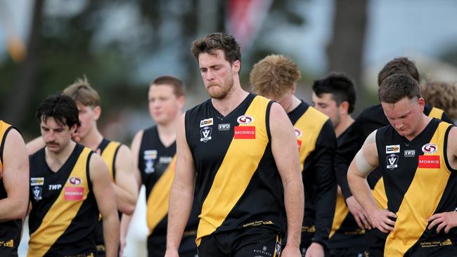 Bannockburn look dejected after last year’s losing elimination final. Picture: Mike Dugdale