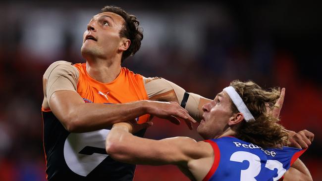 Braydon Preuss was subbed off just after quarter-time with an ankle injury. Picture: Cameron Spencer/Getty Images