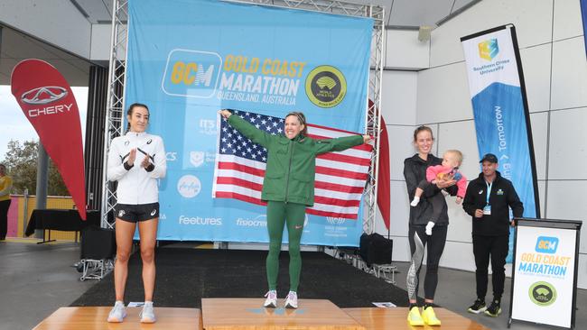 Gold Coast Marathon 2023 KEIRA D'AMATO, LEANNE POMPEANI and ELLIE PASHLEY 1 July 2023 Southport Picture by Richard Gosling