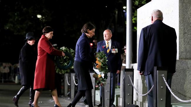 NSW Premier Gladys Berejiklian lays a wreath at the base of the cenotaph during the Sydney Dawn Service. Picture: Getty