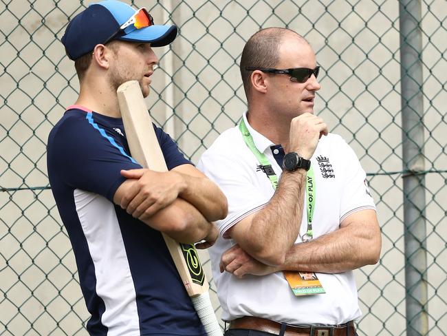 England Director of Cricket Andrew Strauss (right) at the Gabba.