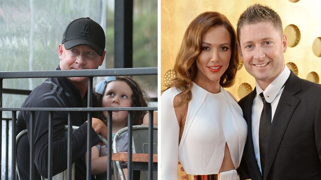 Michael Clarke with daughter Kelsey Lee at Sydney's Rose Bay on Wednesday, and right, with soon-to-be-former wife Kyly. Picture: Britta Campion