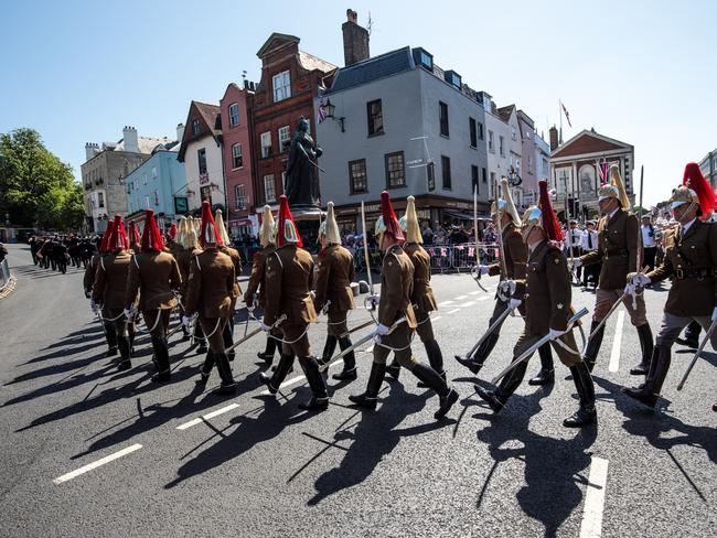 Military personnel take part in a dress rehearsal of the wedding of Prince Harry and Meghan Markle outside Windsor Castle. Picture: Getty
