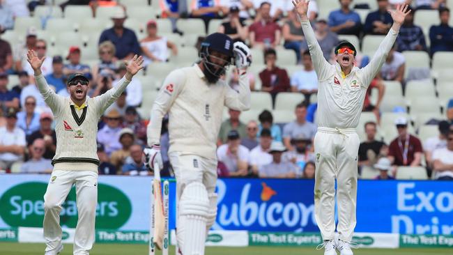 Australia's David Warner (L) and Australia's Steve Smith (R) appeal for the wicket of England's Moeen Ali.