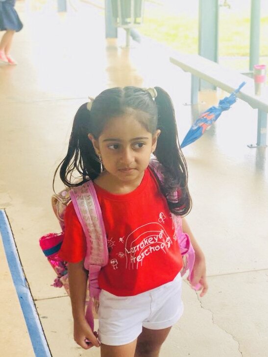 Jiyana Talwar’s first day of pre-school at Larrakeyah Primary School. Picture: Sheetal Talwar