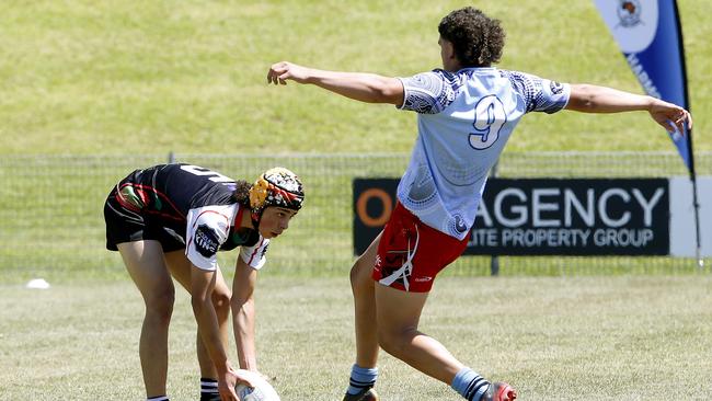 Yousef Adra scores for Mediterranean. U16 Boys Mediterranean v NSW Indigenous. before their game. Harmony Nines Rugby League. Picture: John Appleyard