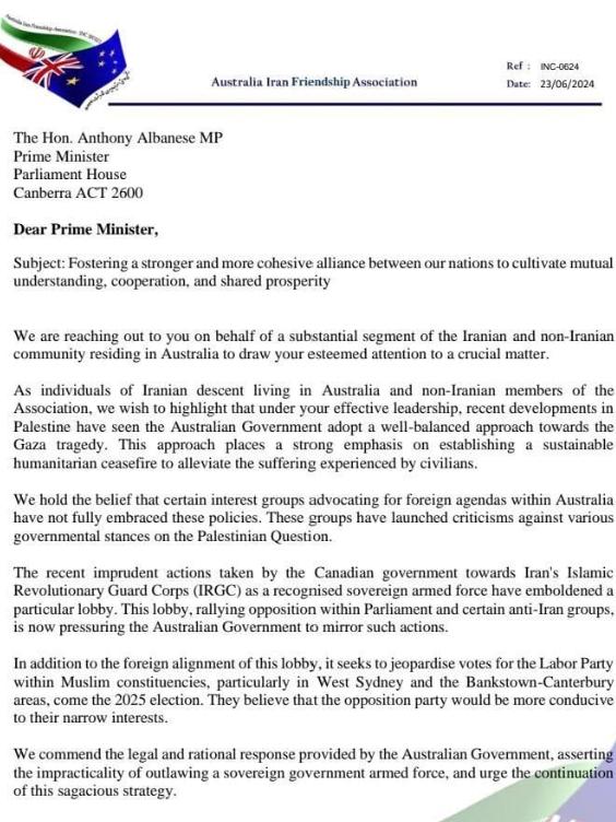 Letter written by the Australian Iran Friendship association to Prime Minister Anthony Albanese. Picture: Supplied