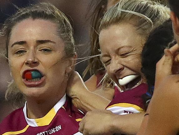 AFLW - Adelaide Crows v Brisbane Lions at Coopers Stadium (Norwood Oval) Brisbane girls celebrate. Picture Sarah Reed