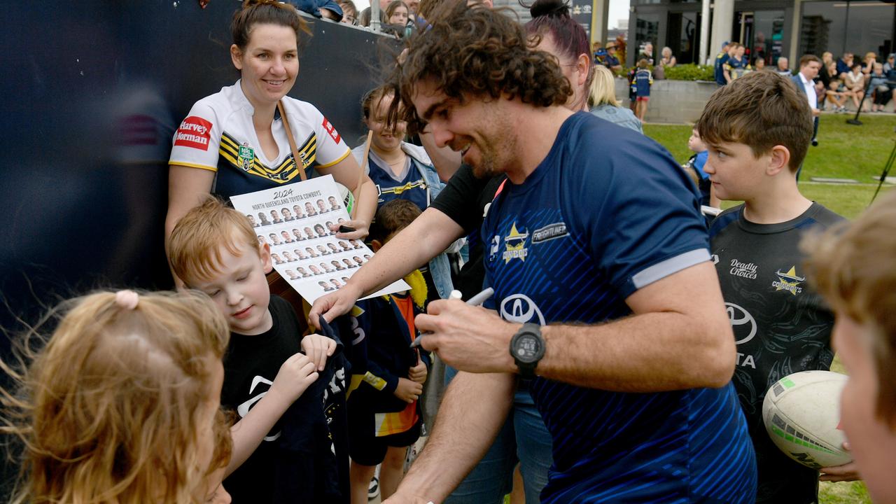 North Queensland Cowboys open training session at Cowboys HQ. Jake Granville with fans. Picture: Evan Morgan