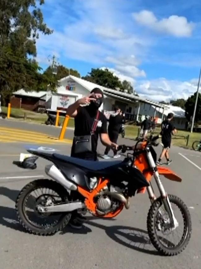 The group of riders met up at Pizzey Park before moving to the Bond Pirates Rugby Union Club where they proceeded to do burnouts and wheelies. Picture: 7 News