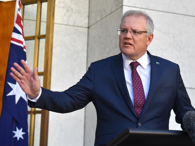 Prime Minister Scott Morrison at a press conference at Parliament House in Canberra. Picture: AAP