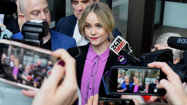 Actor Eryn Jean Norvill leaves the Supreme Court after Justice Michael Wigney found in Geoffrey Rush's favour in his defamation case against The Daily Telegraph. Picture: AAP/Peter Rae