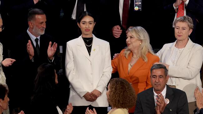 Sara Netanyahu, second right, wife of Mr Netanyahu, and released hostage Noa Argamani. Picture: Getty Images