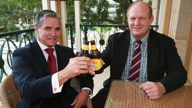 KatterÕs Australian Party State Leader and Member for Mount Isa Robbie Katter with member for Dalrymple Shane Knuth address the media outside The MemberÕs Bar at Parliament House about the introduction of Pub Licence Fees Bill.Robbie Katter introduced a Bill in State Parliament to push for fairer licence fees for the bush, slashing the licence fee from $3,500 to $350.Photo: Claudia Baxter