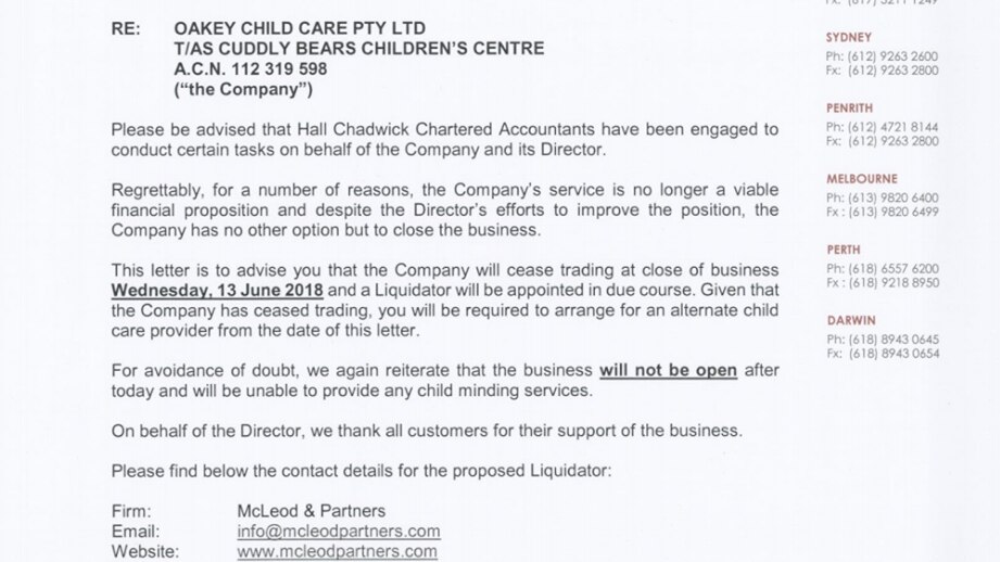 The letter sent to parents about Cuddly Bear Childcare's closure.