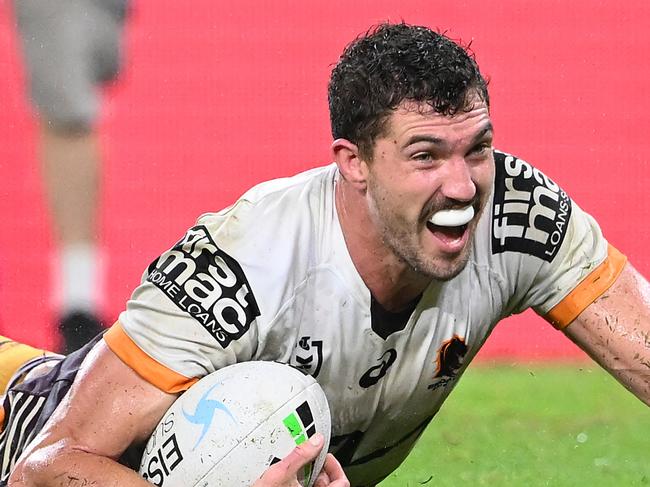 BRISBANE, AUSTRALIA - MAY 13: Corey Oates of the Broncos scores a try during the round 10 NRL match between the Manly Sea Eagles and the Brisbane Broncos at Suncorp Stadium, on May 13, 2022, in Brisbane, Australia. (Photo by Bradley Kanaris/Getty Images)