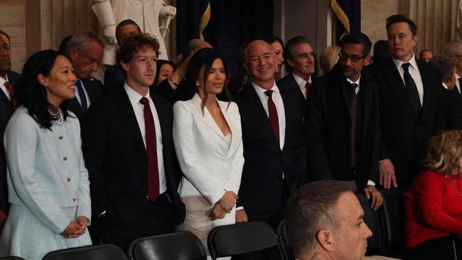 Priscilla Chan, Meta founder Mark Zuckerberg, Lauren Sanchez, Amazon founder Jeff Bezos, Google CEO Sundar Pichai and Tesla CEO Elon Musk attend the inauguration of Donald Trump in the Rotunda.