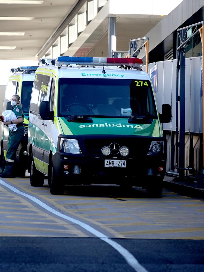 Ambulances at the Flinders Medical centre. Picture: NCA NewsWire / Kelly Barnes