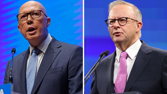 Peter Dutton and Anthony Albanese at their respective campaign launches on Sunday.