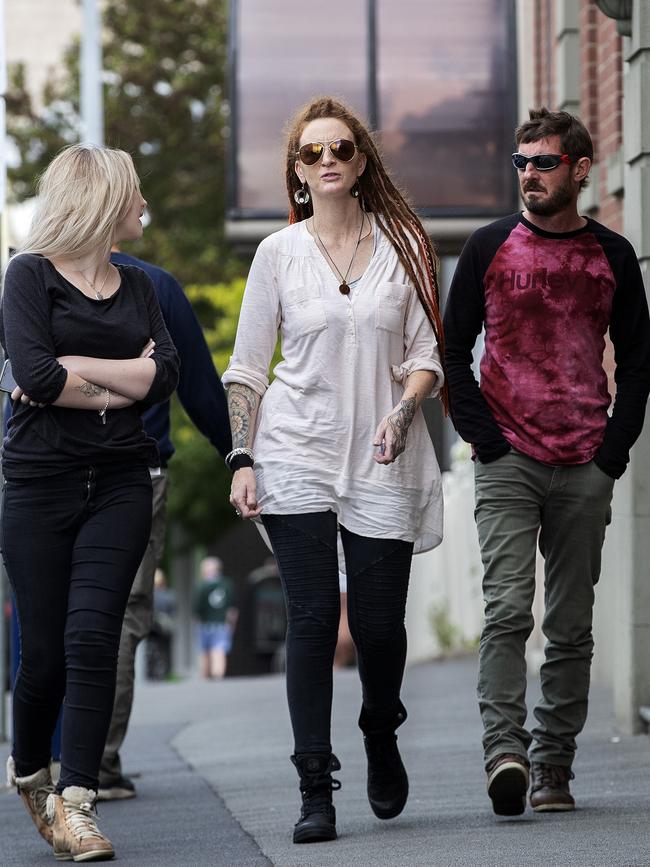 Faith Tkalac (centre), Jari Wise’s mother, supported by family and friends in court outside Sunday. Picture: CHRIS KIDD