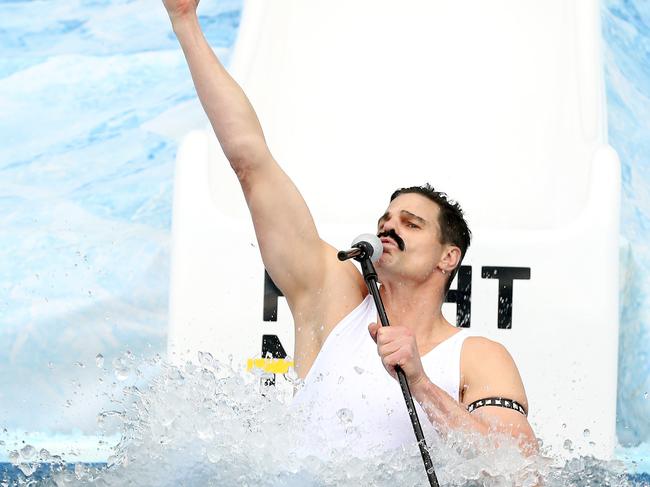 AFL Round 12. 10/06/2019. Big Freeze 5. Collingwood vs Melbourne at the MCG.  Ex St Kilda skipper Nick Riewoldt dressed as Freddy Mercury hits the ice bath to raise awareness for the fight against MND  .  Pic: Michael Klein