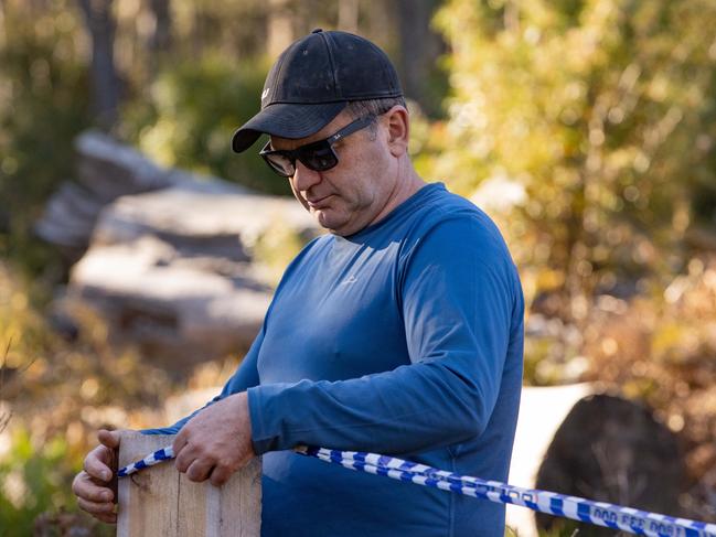 Detective Inspector Andrew Stamper leaving the scene after announcing the discovery of human remains. Picture: Jason Edwards