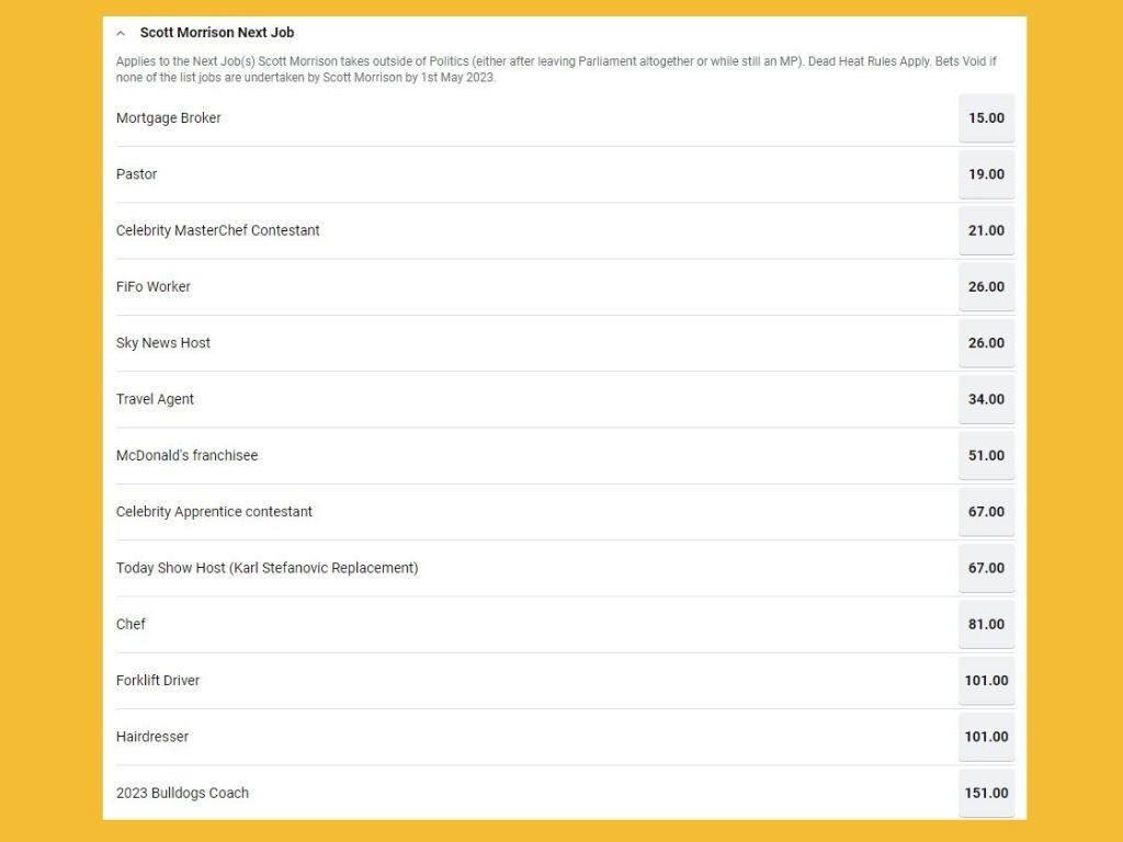 Some of the options for Scott Morrison's next move. Picture: Sportsbet