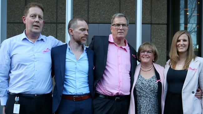 Greg Simms and wife Merilyn with family outside the NSW Supreme Court after Chris Dawson was convicted. Picture: Getty Images