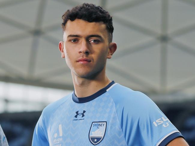 DT EXCLUSIVE. Charlie Rule and Patrick Yazbek of Sydney FC pose in the 2022 home and away kit at Allianz Stadium. Picture: Mark Evans.