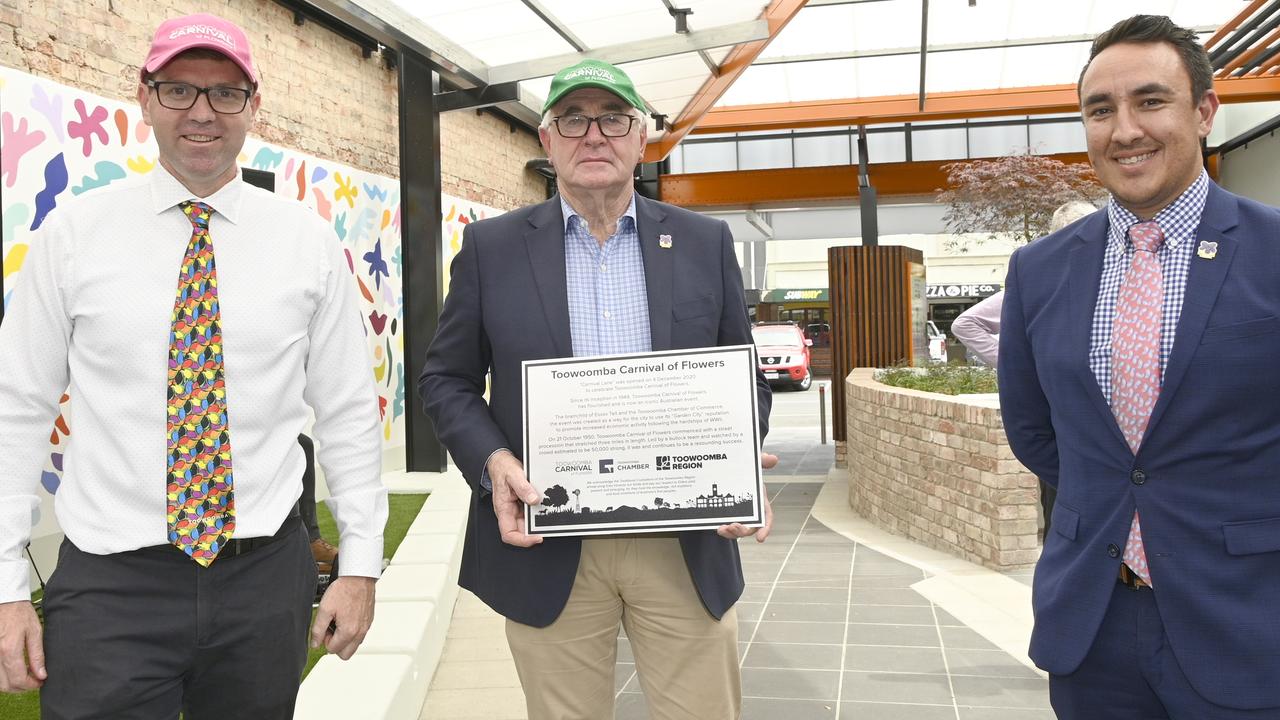 Carnival Lane officially opens connecting Margaret Street to Annand Street parking. TRC Cr Geoff McDonald, Mayor Paul Antonio and Cr James O'Shea.