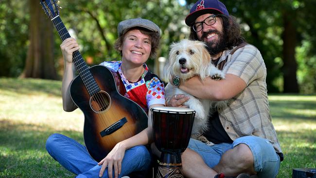 Singer Kelly Menhennett and organiser Cal Williams with Huckleberry, ahead of Dogapalooza for pooches and their owners at Orphanage Park, Millswood, one of many Fringe Festival events on Sunday.