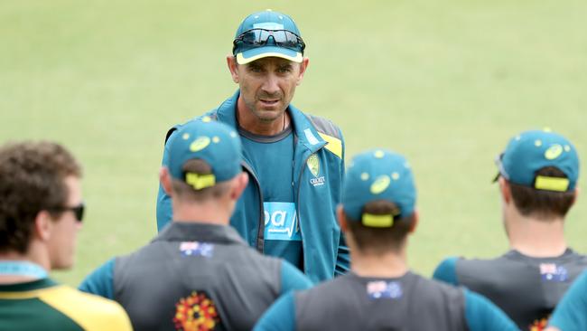 Australian coach Justin Langer speaks to players in Perth ahead of Sunday’s one-dayer against South Africa. Picture: AAP