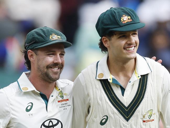 NCA. MELBOURNE, AUSTRALIA. 30th December 2024.  Day 5 of the Boxing Day Test match at the MCG .   Debutant Sam Konstas gets a stump off Travis Head after todays conclusion   .  Picture: Michael Klein