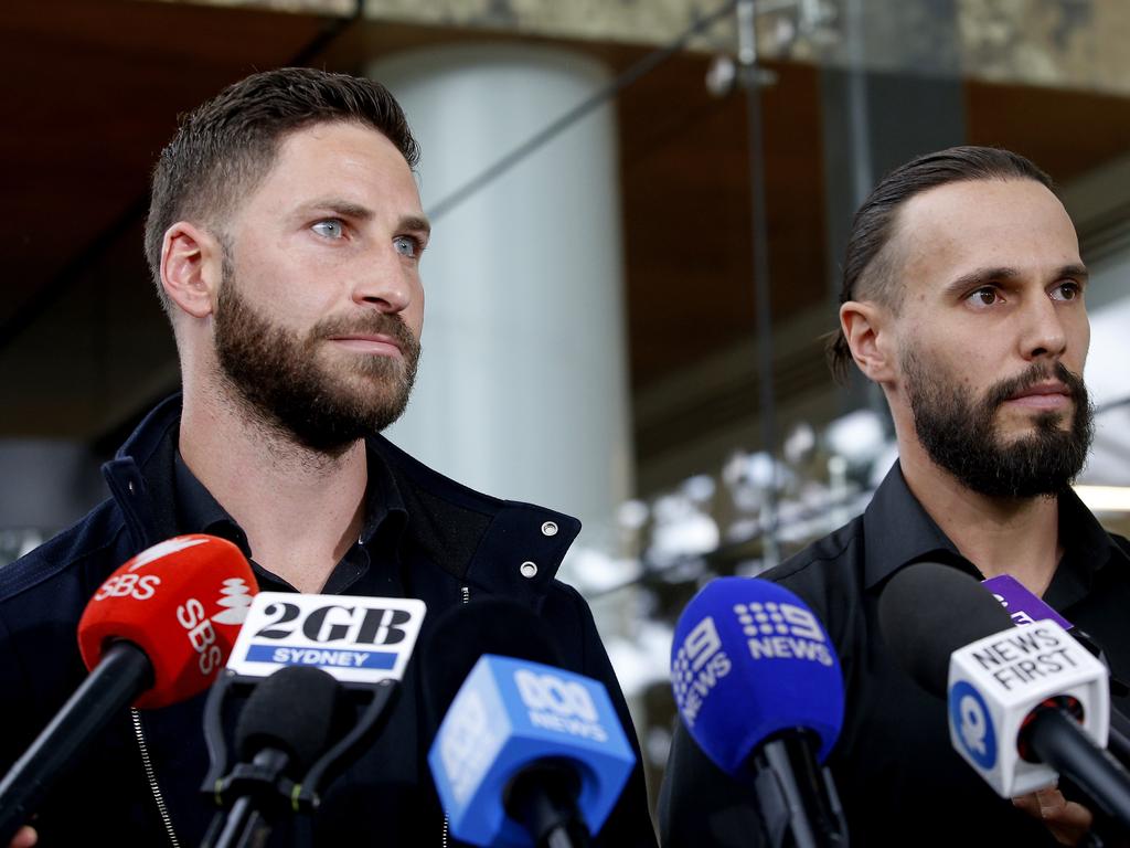 L to R: Damien Guerot and Silas Despreaux, the two French nationals who challenged Joel Cauchi with a bollard during his attack, speak outside The Coroners Court at Lidcombe. Picture: NewsWire / John Appleyard