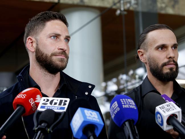 L to R: Damien Guerot and Silas Despreaux, the two French nationals who challenged Joel Cauchi with a bollard during his attack, speak outside The Coroners Court at Lidcombe. Picture: NewsWire / John Appleyard