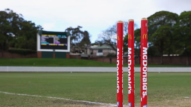 SYDNEY, AUSTRALIA - NOVEMBER 28: Stumps are seen during the innings break at the Poidevin Gray Shield match between Western Suburbs and Sydney University at Pratten Park, on November 28, 2021, in Sydney, Australia. (Photo by Jeremy Ng/News Corp Australia)