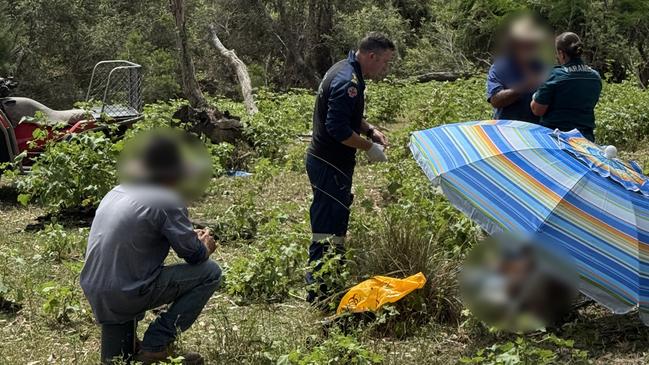 A young man waits to be airlifted to Sunshine Coast University Hospital after crashing a quad bike on a property at Durong. Source: LifeFlight