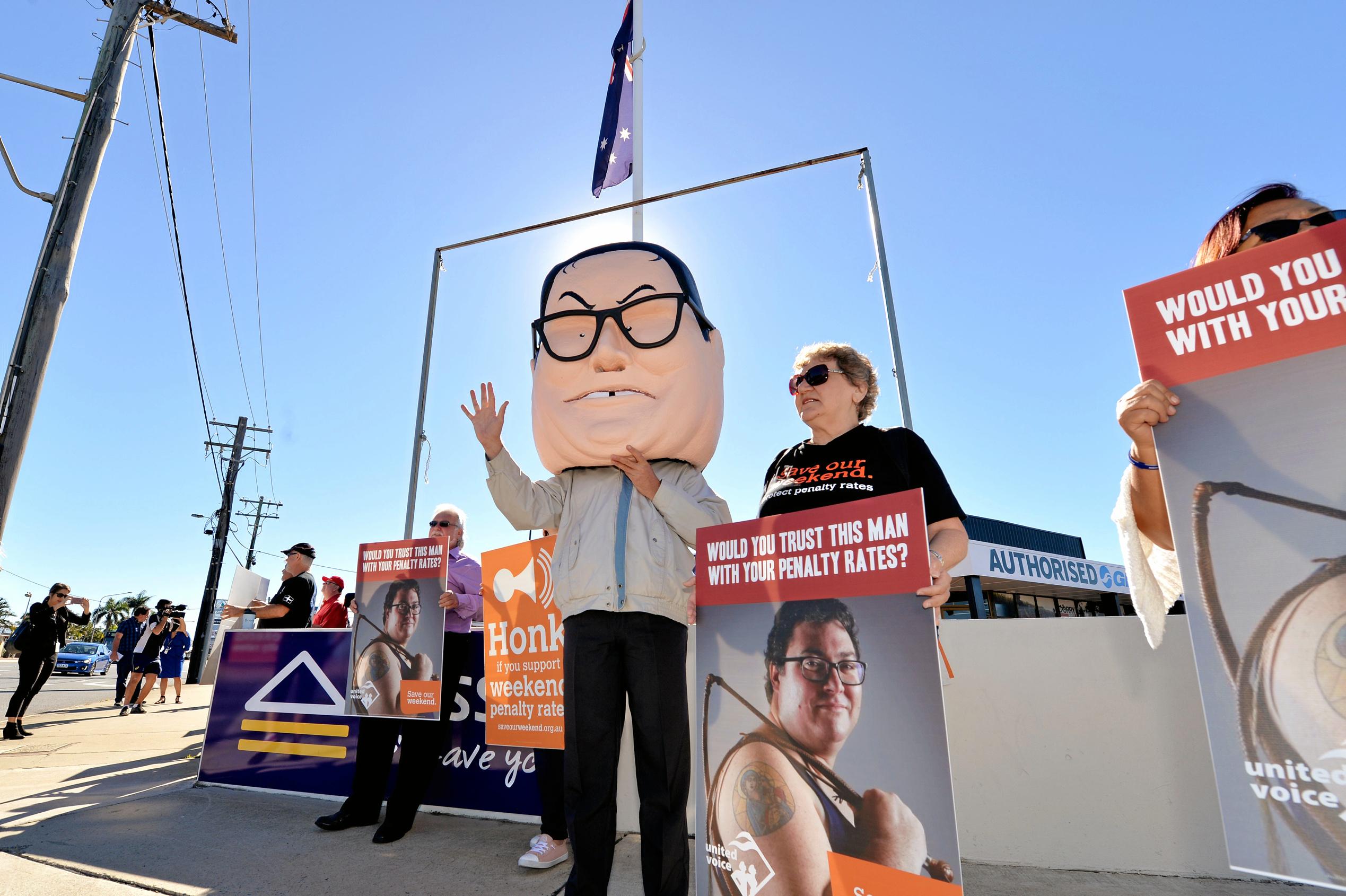 United Voice protesting for penalty rates at MP for Dawson George Christensen office in Mackay. Picture: Stuart Quinn