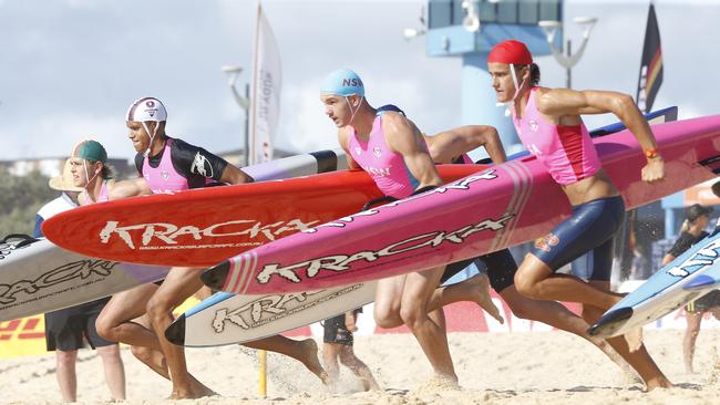 Youth Male Board race gets underway. Australian Interstate surf Life saving Championships at Maroubra Beach. Picture; John Appleyard