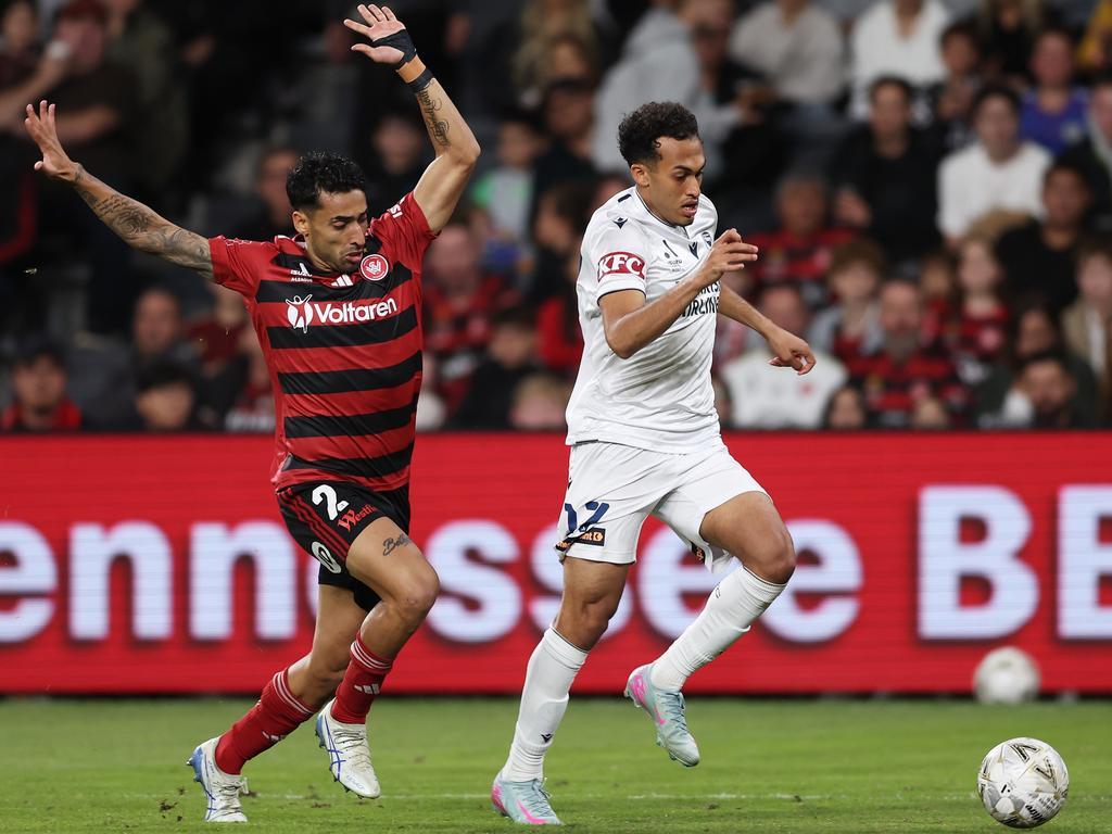 Nishan Velupillay is challenged by Gabriel Cleur (Wanderers) during their elimination final. Picture: Getty Images